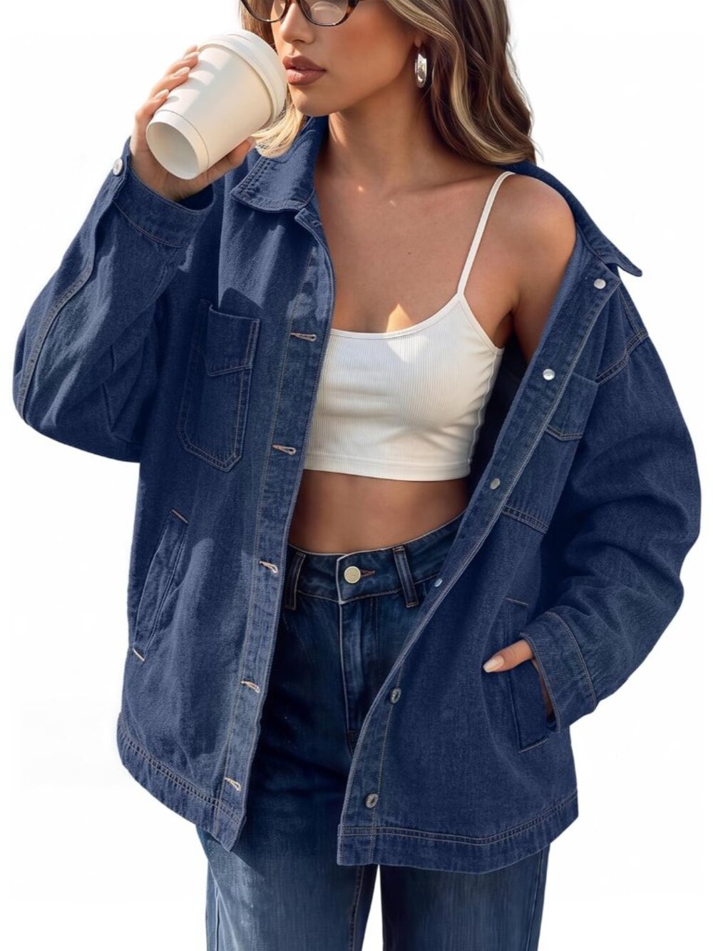 Women's Dark Blue Oversized Jean Jacket Button Down Denim Casual Shacket Pocket